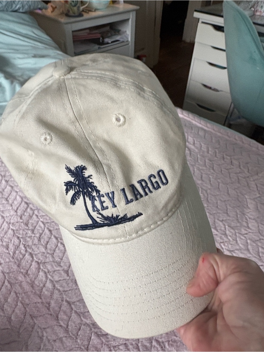 Key Largo Embroidered Palm Baseball Cap - Cream with Navy Logo